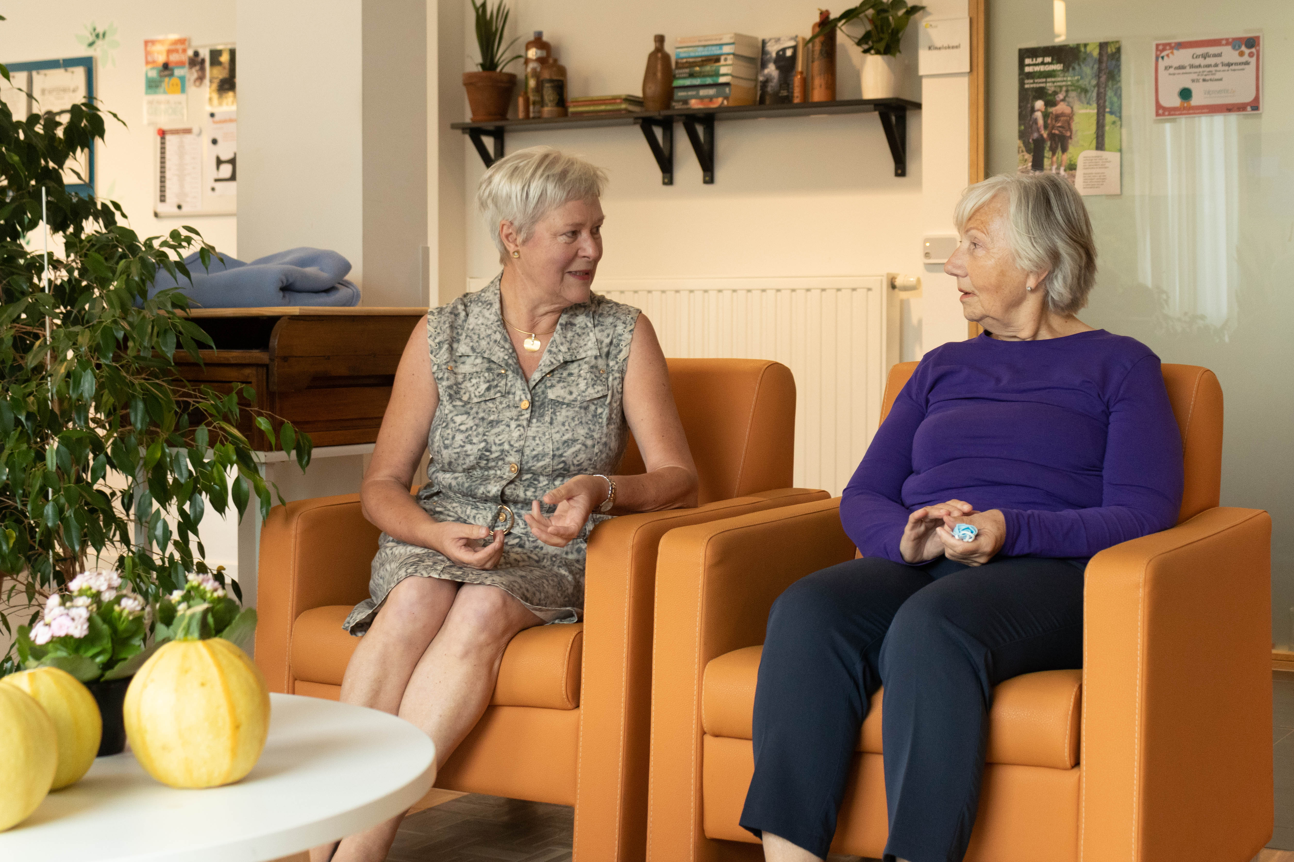 Op de foto bevinden zich twee vriendinnen die over dementie praten. 